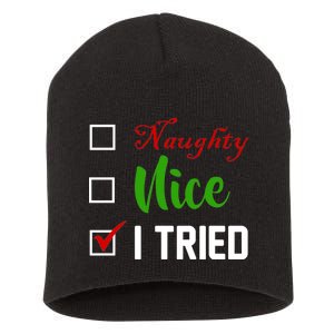 Naughty Nice I Tried Funny Xmas Short Acrylic Beanie