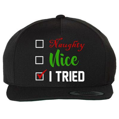 Naughty Nice I Tried Funny Xmas Wool Snapback Cap