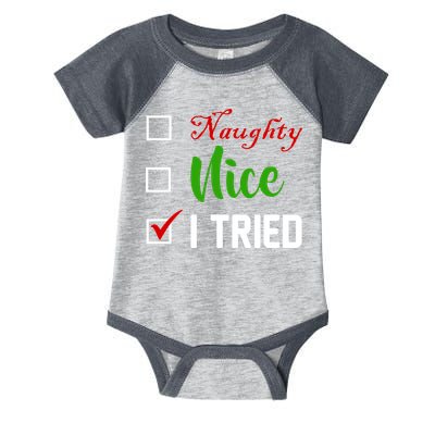 Naughty Nice I Tried Funny Xmas Infant Baby Jersey Bodysuit