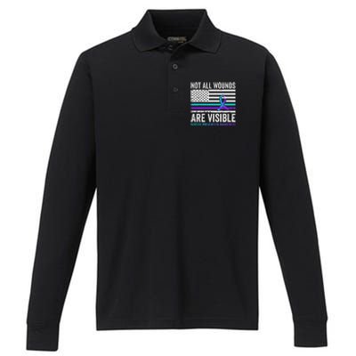 Not All Wounds Are Visible American Flag Suicide Prevention Performance Long Sleeve Polo