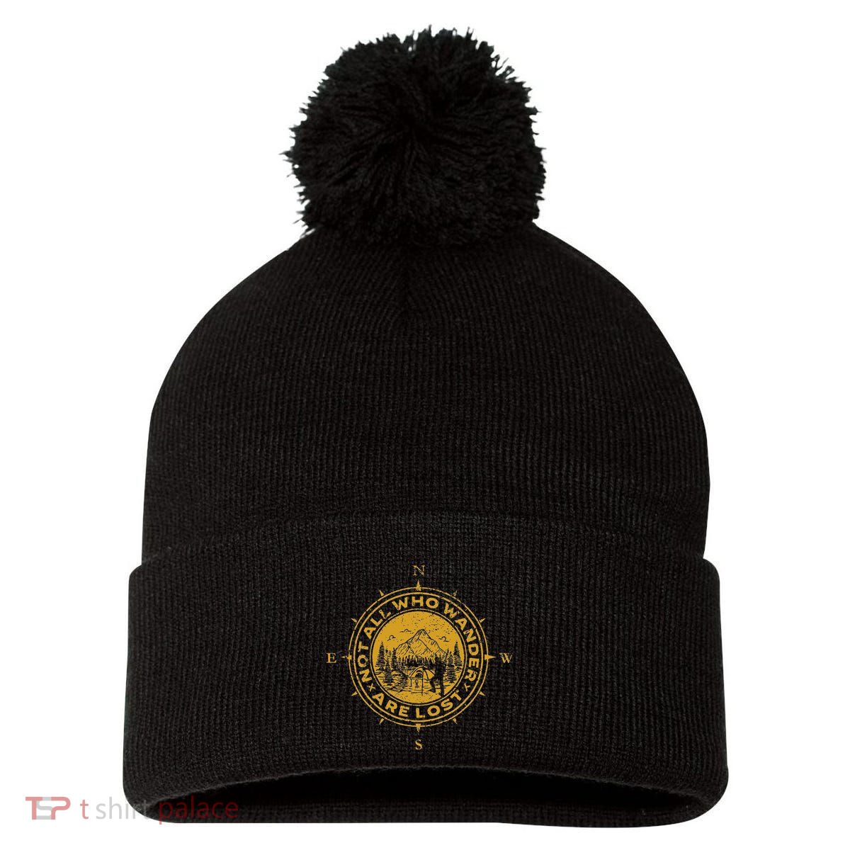 Not All Who Wander Are Lost Compass Pom Pom 12in Knit Beanie