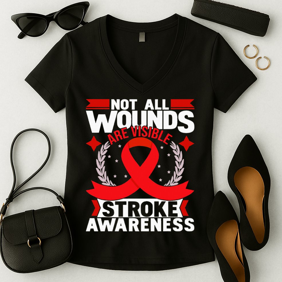 Not All Wounds Are Visible  Stroke Awareness Red Ribbon Women's V-Neck T-Shirt