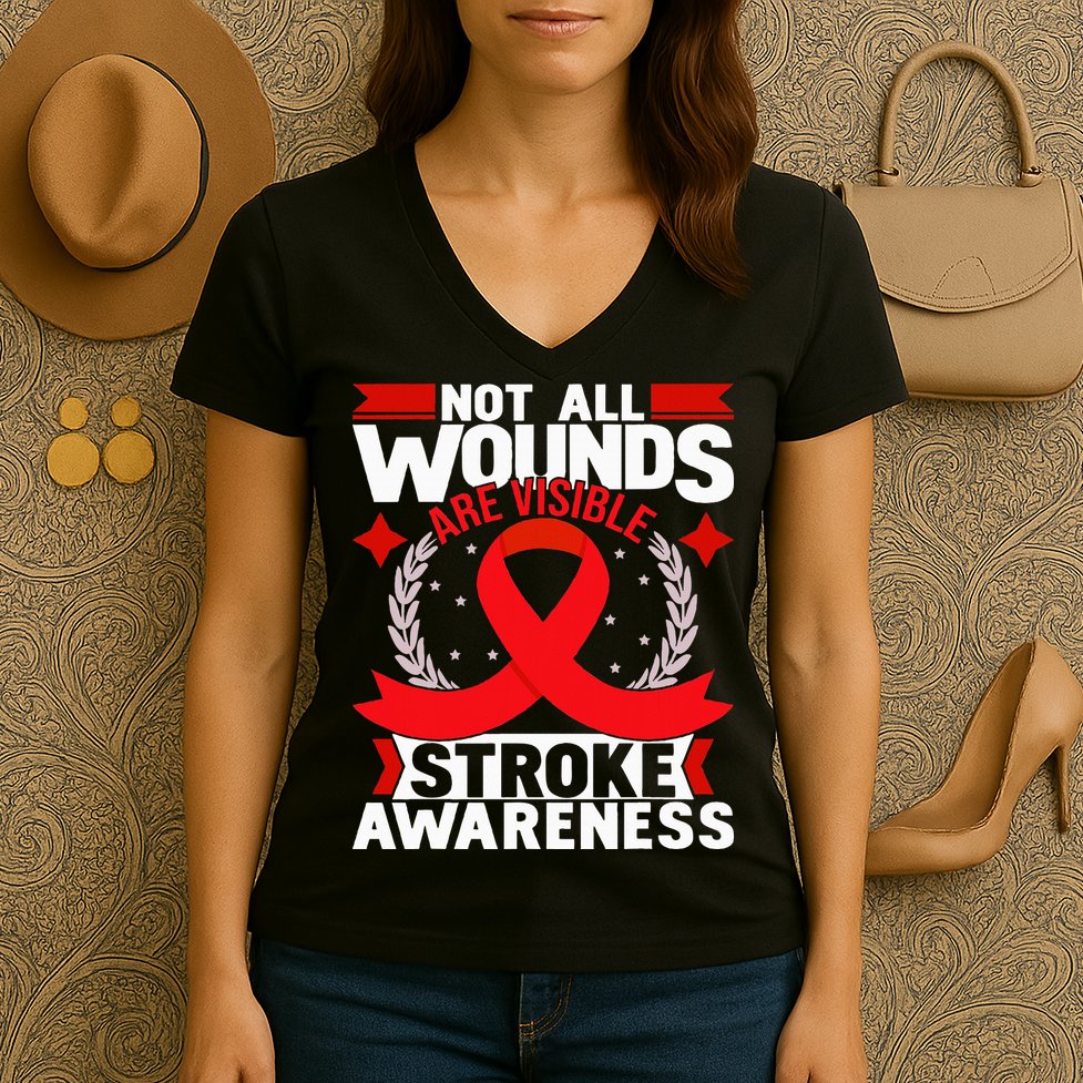 Not All Wounds Are Visible  Stroke Awareness Red Ribbon Women's V-Neck T-Shirt