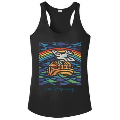 New Beginnings 1955 Noahs Ark Dove Of Peace Rainbow Art Ladies PosiCharge Competitor Racerback Tank