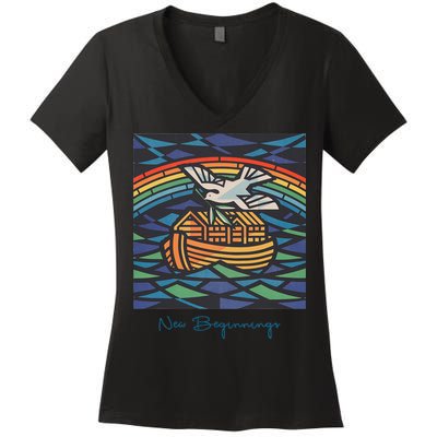 New Beginnings 1955 Noahs Ark Dove Of Peace Rainbow Art Women's V-Neck T-Shirt