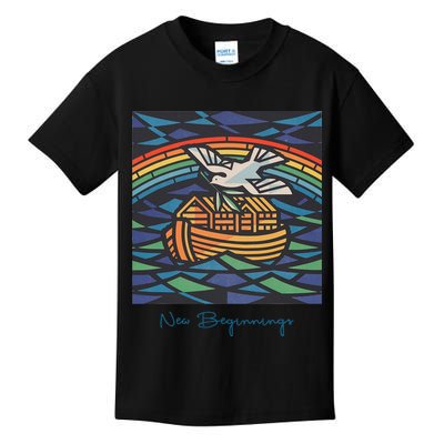 New Beginnings 1955 Noahs Ark Dove Of Peace Rainbow Art Kids T-Shirt