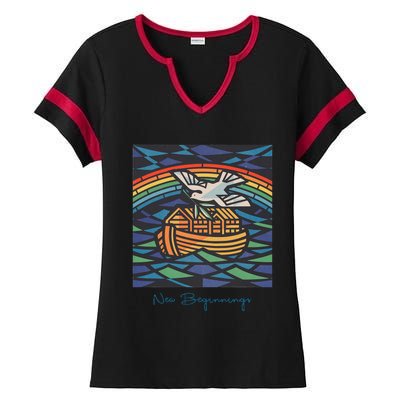 New Beginnings 1955 Noahs Ark Dove Of Peace Rainbow Art Ladies Halftime Notch Neck Tee