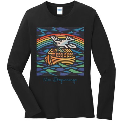 New Beginnings 1955 Noahs Ark Dove Of Peace Rainbow Art Ladies Long Sleeve Shirt