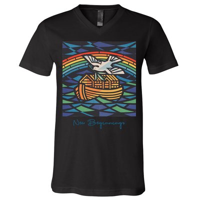 New Beginnings 1955 Noahs Ark Dove Of Peace Rainbow Art V-Neck T-Shirt