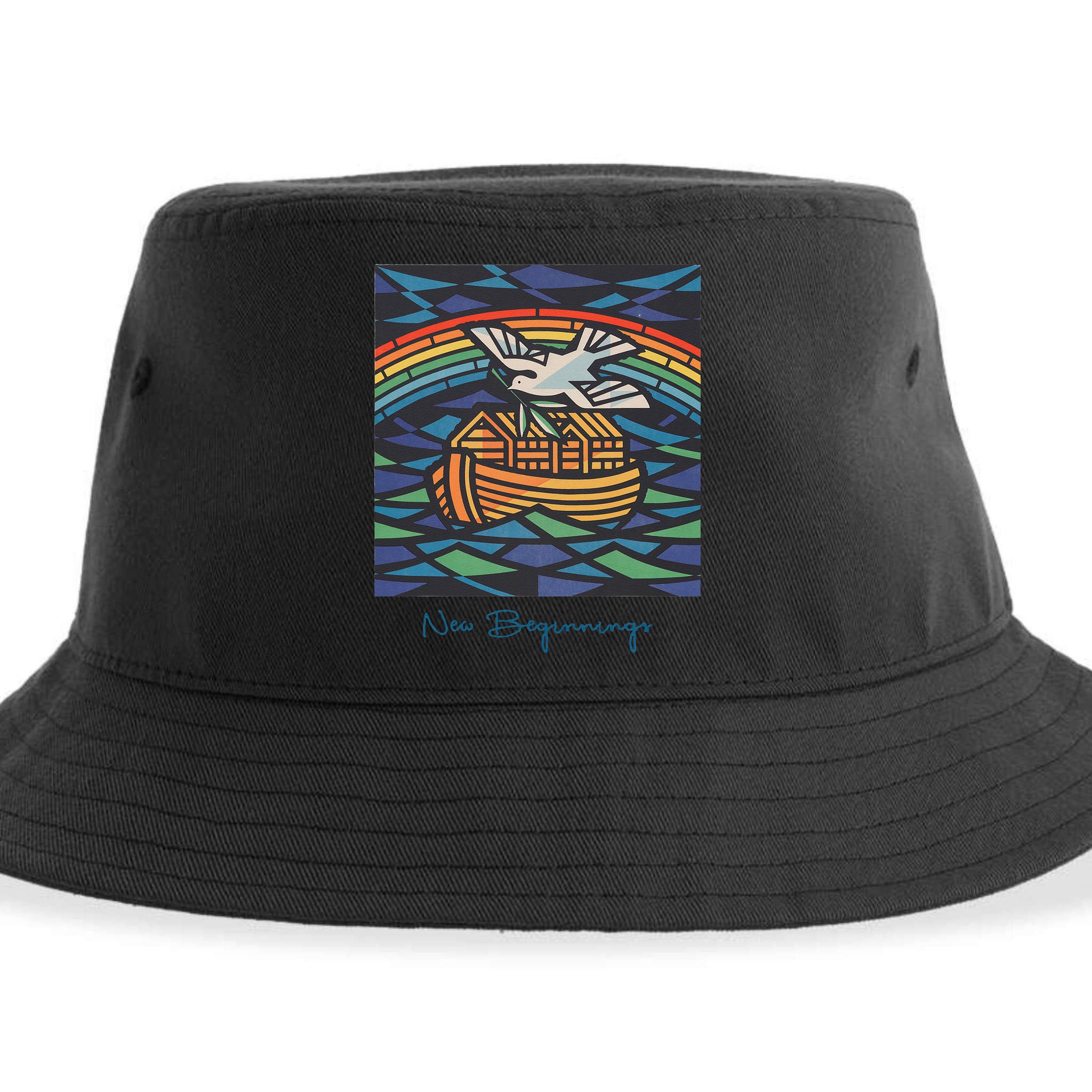 New Beginnings 1955 Noahs Ark Dove Of Peace Rainbow Art Sustainable Bucket Hat