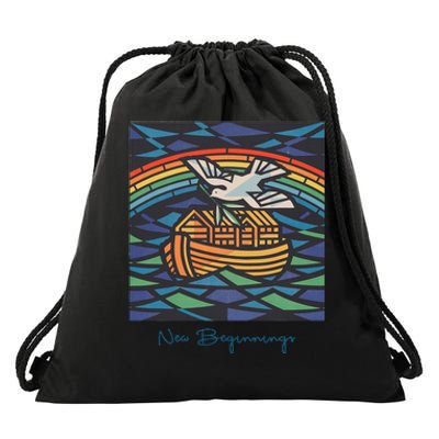 New Beginnings 1955 Noahs Ark Dove Of Peace Rainbow Art Drawstring Bag