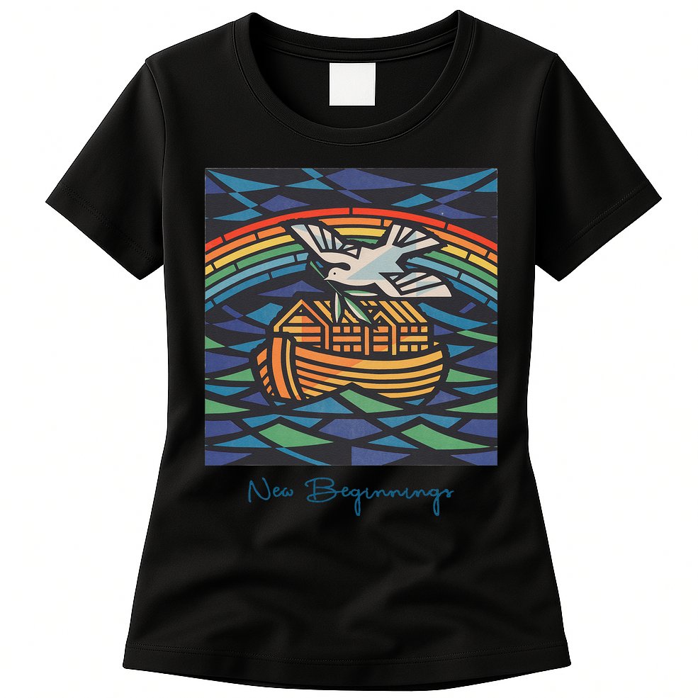 New Beginnings 1955 Noahs Ark Dove Of Peace Rainbow Art Womens T-Shirt