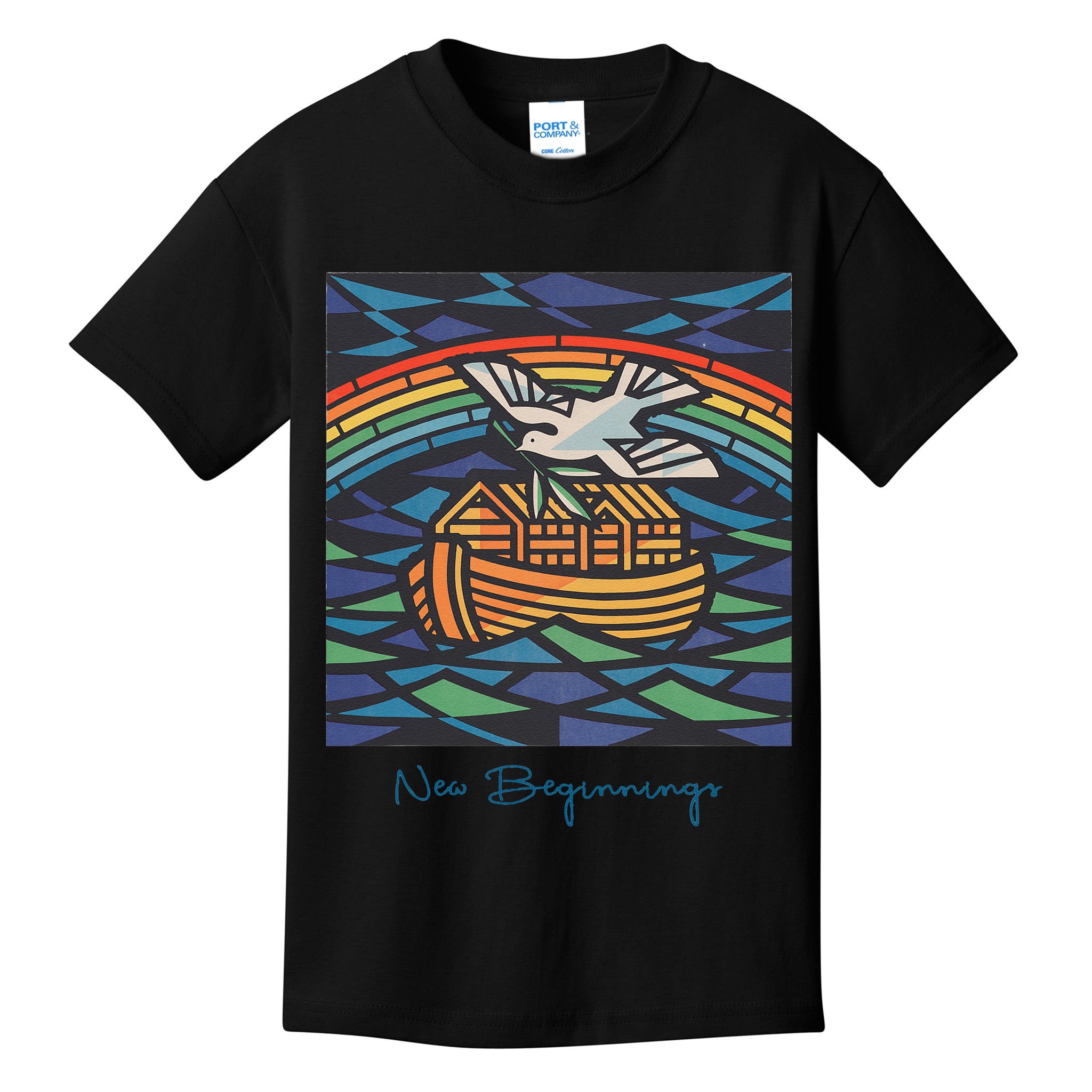 New Beginnings 1955 Noahs Ark Dove Of Peace Rainbow Art Kids T-Shirt