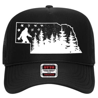 Nebraska Bigfoot American Flag Sasquatch Usa Flag Nebraska High Crown Mesh Back Trucker Hat