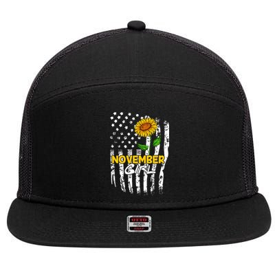 November Birthday America Flag Sunflower Essential Great Gift 7 Panel Mesh Trucker Snapback Hat