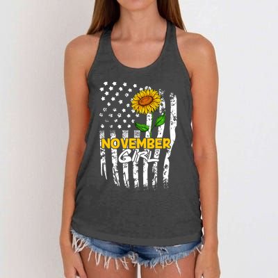 November Birthday America Flag Sunflower Essential Great Gift Women's Knotted Racerback Tank