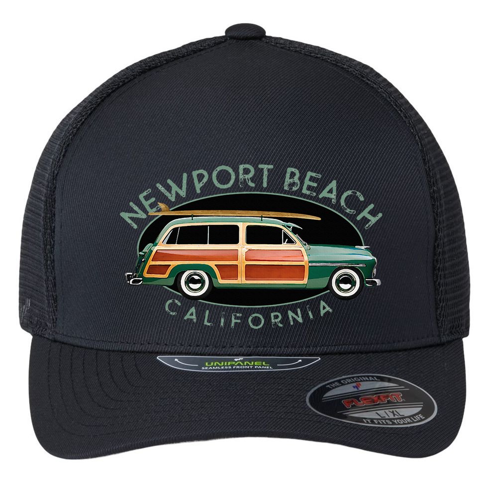 Newport Beach California Vintage Surfing Flexfit Unipanel Trucker Cap