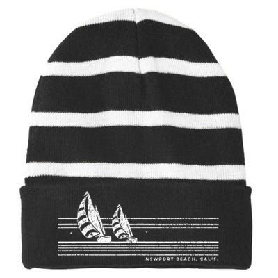 Newport Beach CA Vintage Sailing 70s Nautical Sailboat Striped Beanie with Solid Band