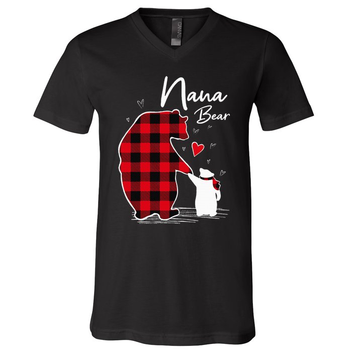 Nana Bear Christmas Pajama Woman Red Plaid Grandma V-Neck T-Shirt