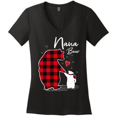 Nana Bear Christmas Pajama Woman Red Plaid Grandma Women's V-Neck T-Shirt