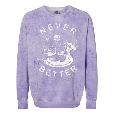 Never Better Chilling Skeleton Unicorn Swimming Float Colorblast Crewneck Sweatshirt