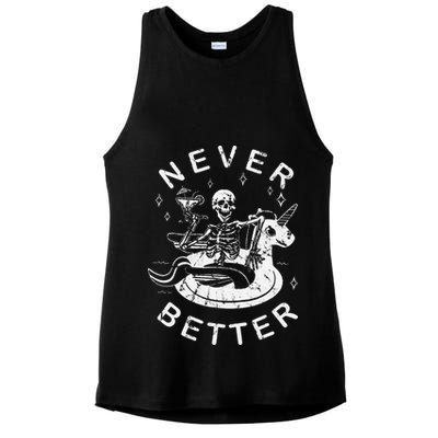 Never Better Chilling Skeleton Unicorn Swimming Float Ladies PosiCharge Tri-Blend Wicking Tank
