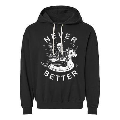 Never Better Chilling Skeleton Unicorn Swimming Float Garment-Dyed Fleece Hoodie