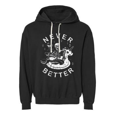 Never Better Chilling Skeleton Unicorn Swimming Float Garment-Dyed Fleece Hoodie