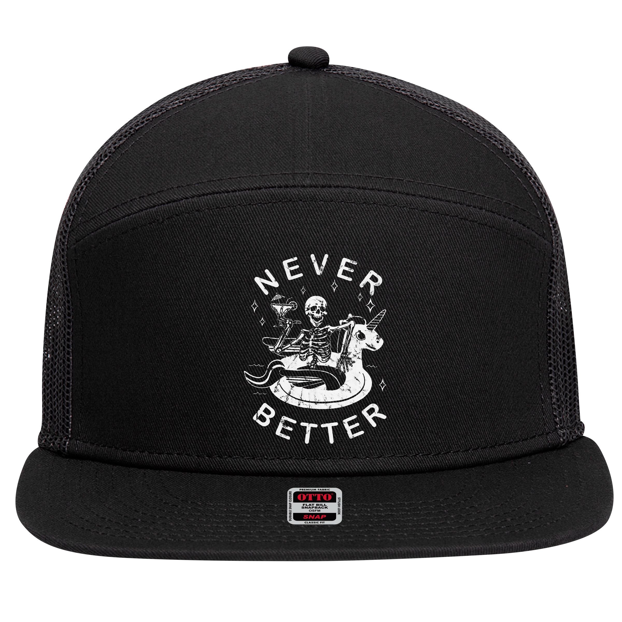 Never Better Chilling Skeleton Unicorn Swimming Float 7 Panel Mesh Trucker Snapback Hat
