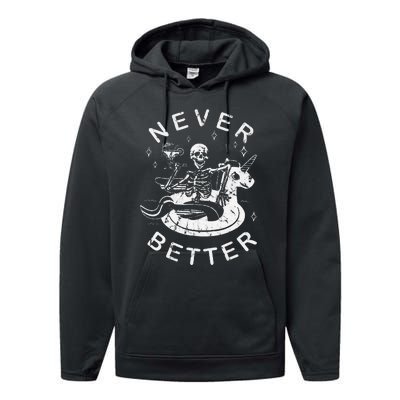 Never Better Chilling Skeleton Unicorn Swimming Float Performance Fleece Hoodie