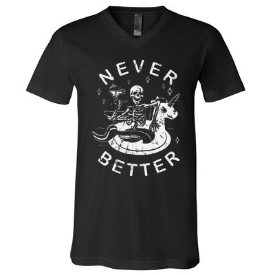 Never Better Chilling Skeleton Unicorn Swimming Float V-Neck T-Shirt