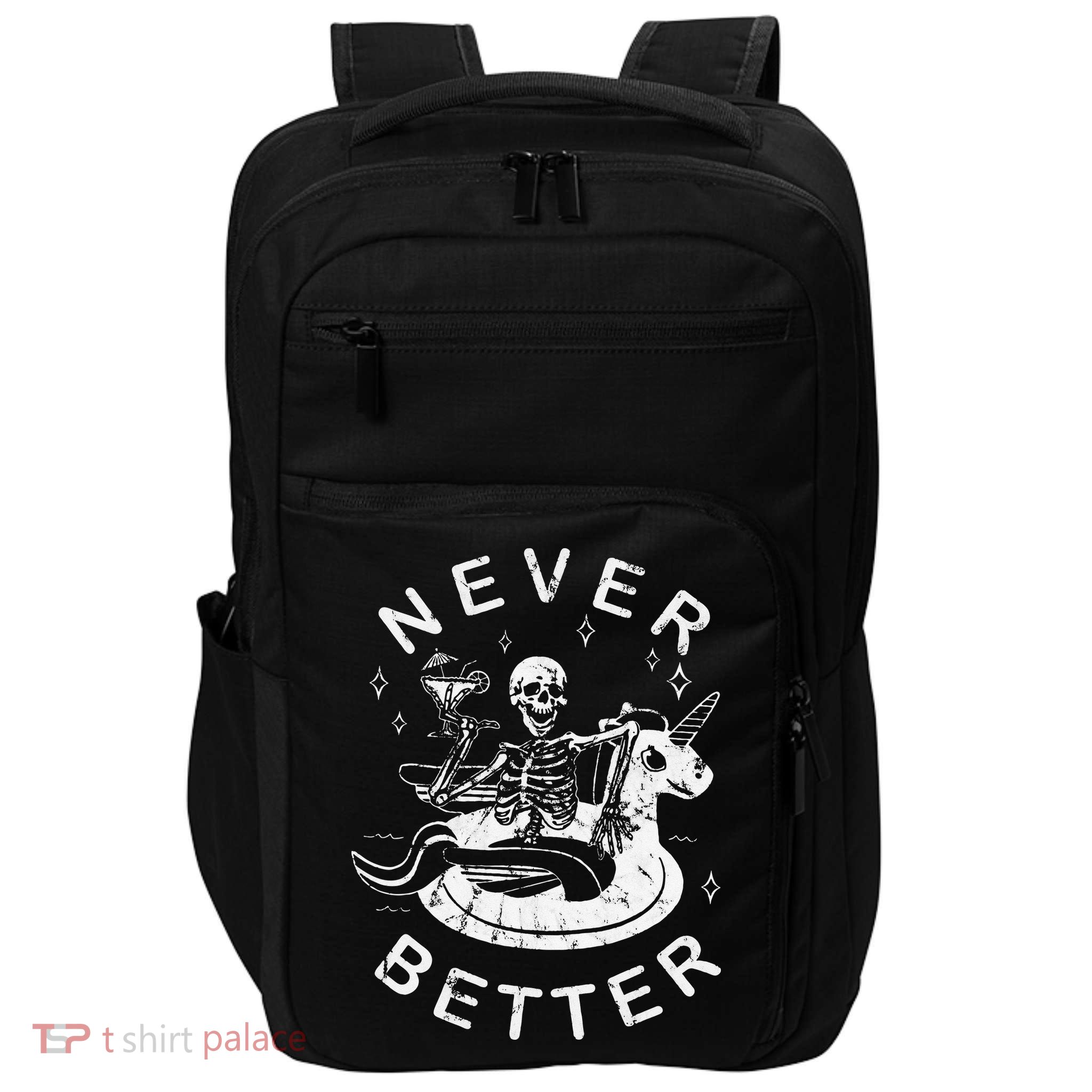 Never Better Chilling Skeleton Unicorn Swimming Float Impact Tech Backpack