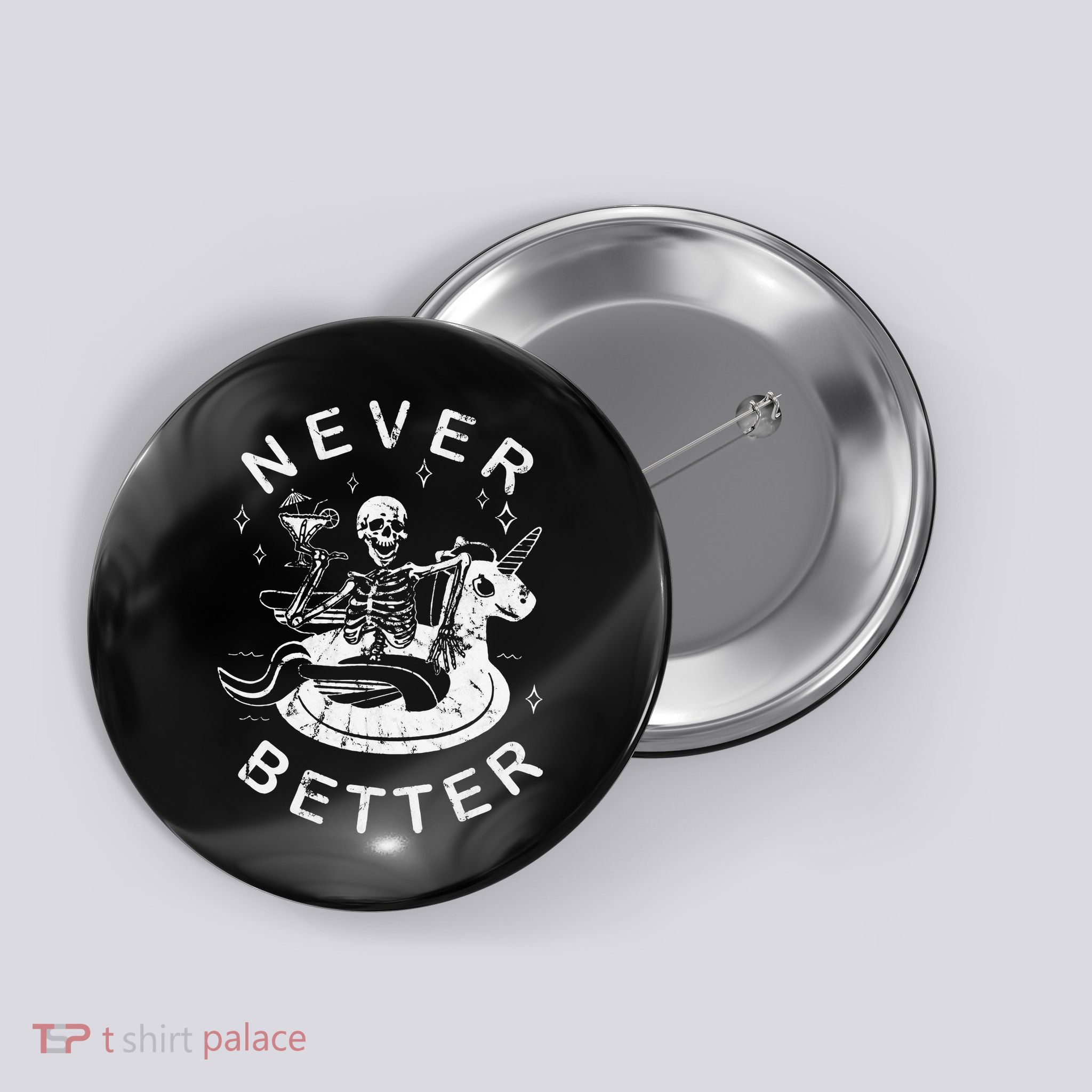 Never Better Chilling Skeleton Unicorn Swimming Float Button