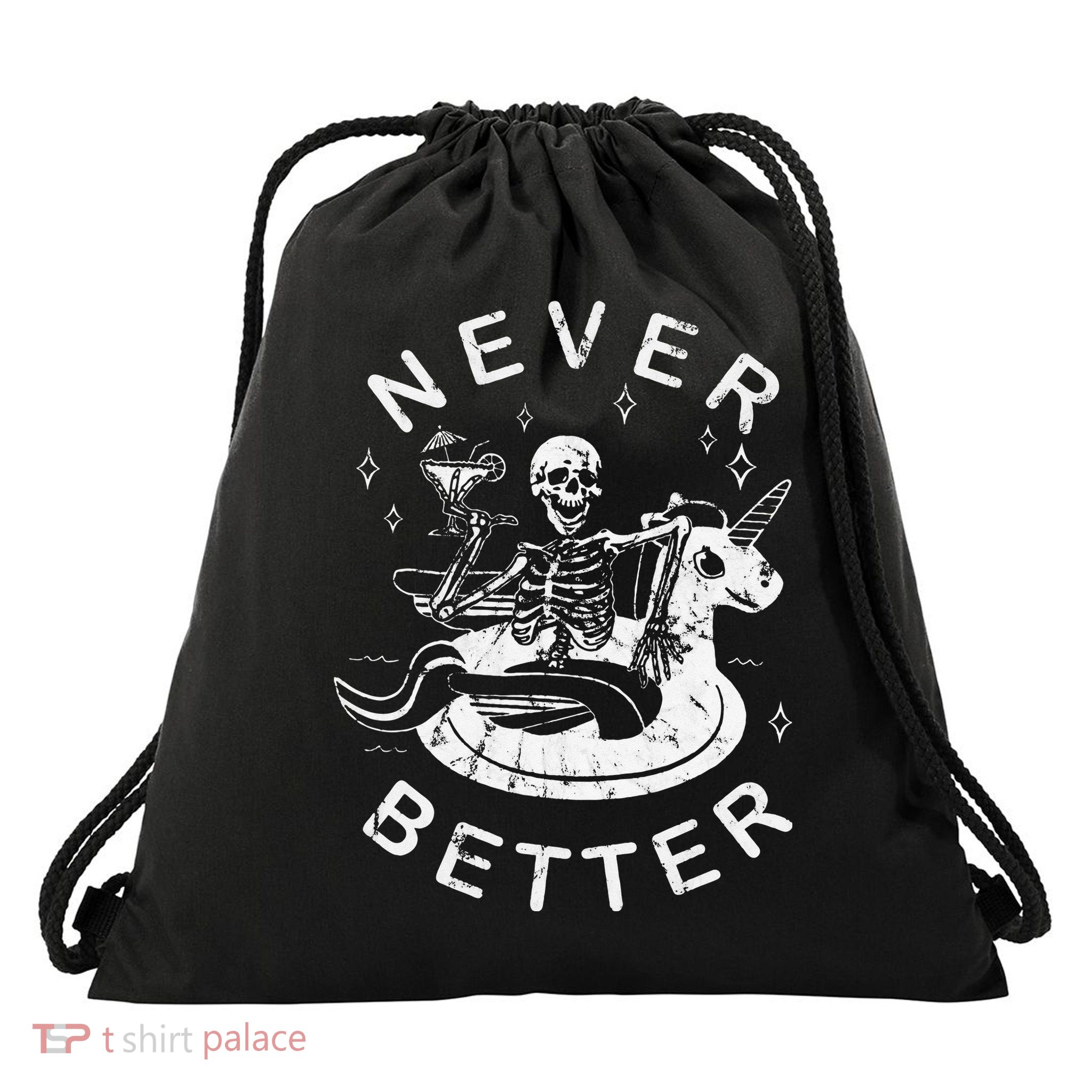 Never Better Chilling Skeleton Unicorn Swimming Float Drawstring Bag