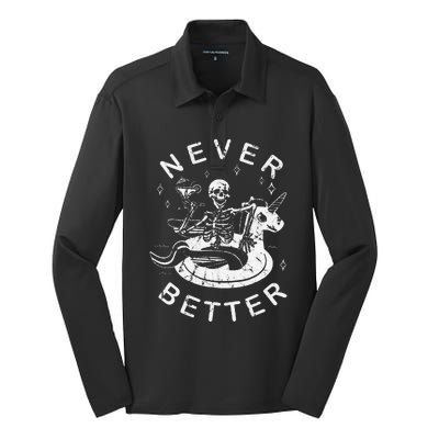 Never Better Chilling Skeleton Unicorn Swimming Float Silk Touch Performance Long Sleeve Polo