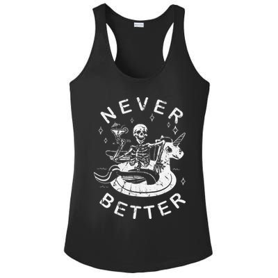 Never Better Chilling Skeleton Unicorn Swimming Float Ladies PosiCharge Competitor Racerback Tank