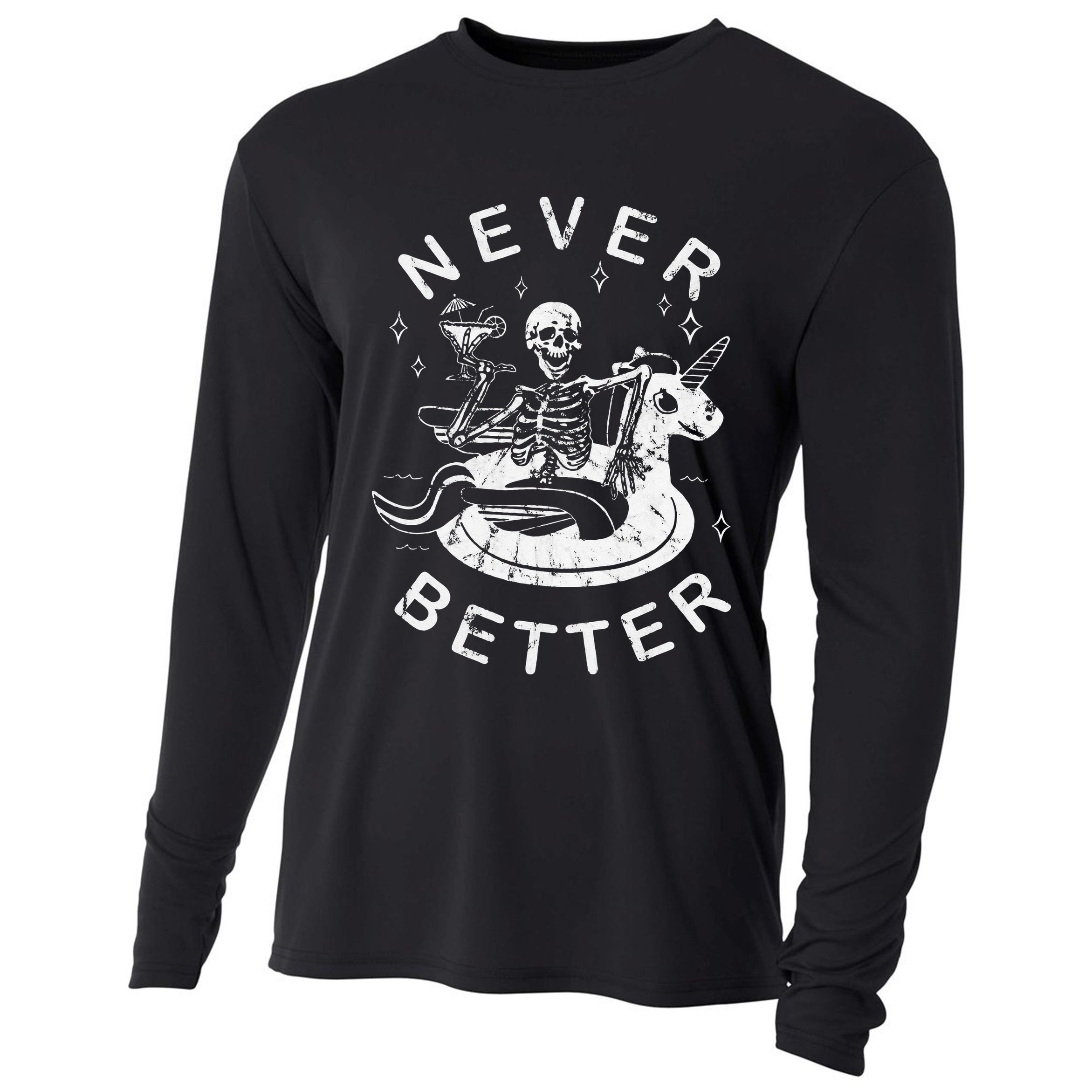 Never Better Chilling Skeleton Unicorn Swimming Float Cooling Performance Long Sleeve Crew