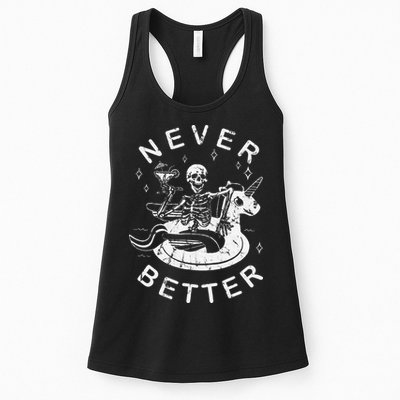 Never Better Chilling Skeleton Unicorn Swimming Float Womens Tank Top