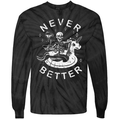 Never Better Chilling Skeleton Unicorn Swimming Float Tie-Dye Long Sleeve Shirt