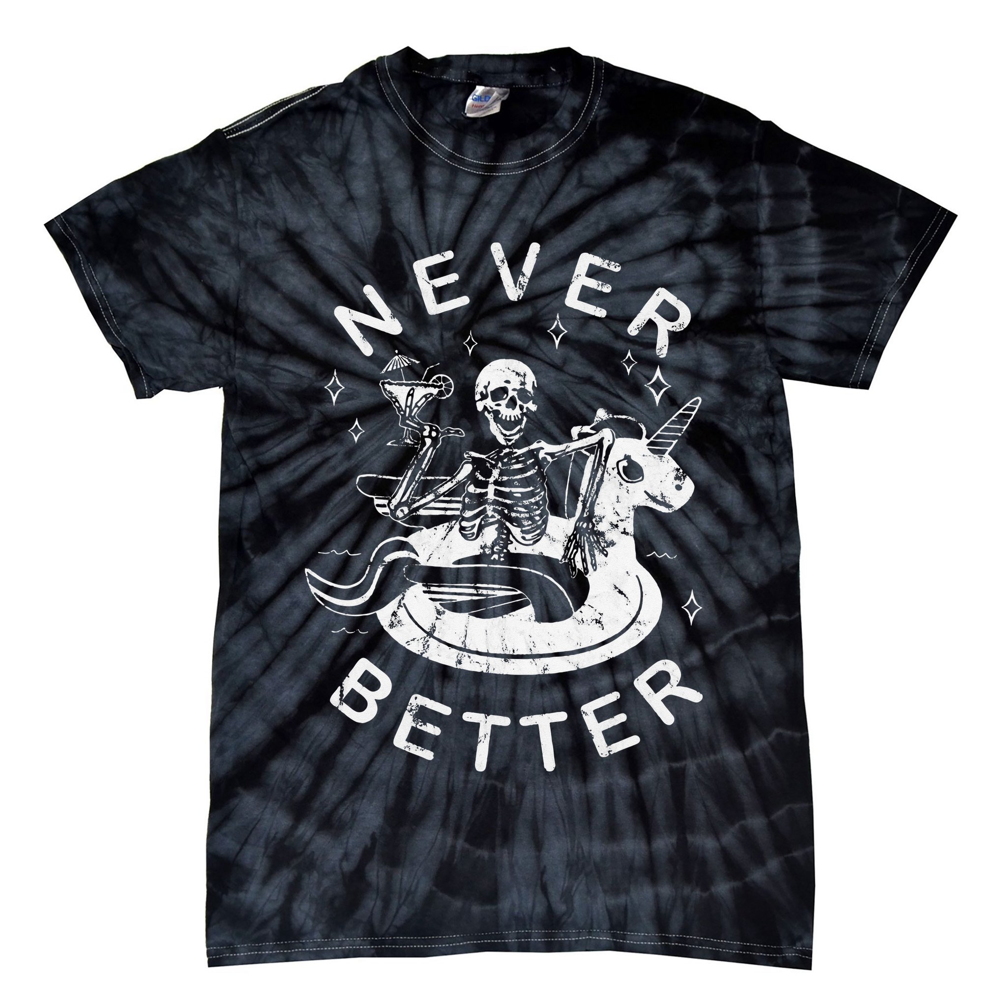 Never Better Chilling Skeleton Unicorn Swimming Float Tie-Dye T-Shirt