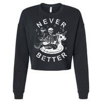 Never Better Chilling Skeleton Unicorn Swimming Float Cropped Pullover Crew