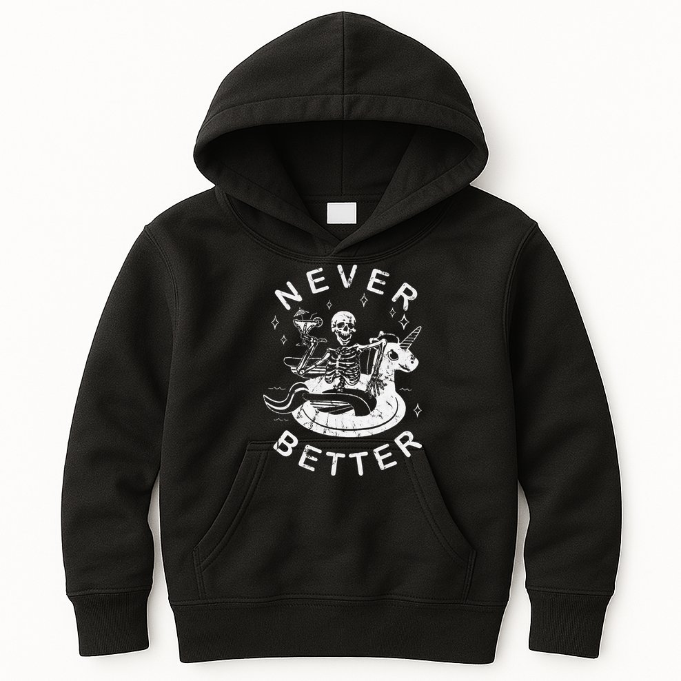 Never Better Chilling Skeleton Unicorn Swimming Float Kids Hoodie