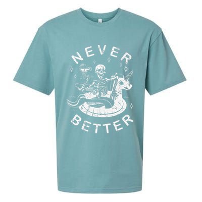 Never Better Chilling Skeleton Unicorn Swimming Float Sueded Cloud Jersey T-Shirt