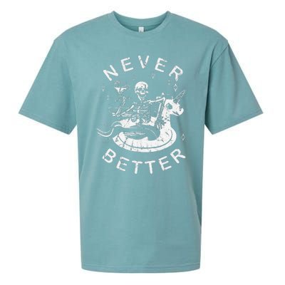 Never Better Chilling Skeleton Unicorn Swimming Float Sueded Cloud Jersey T-Shirt