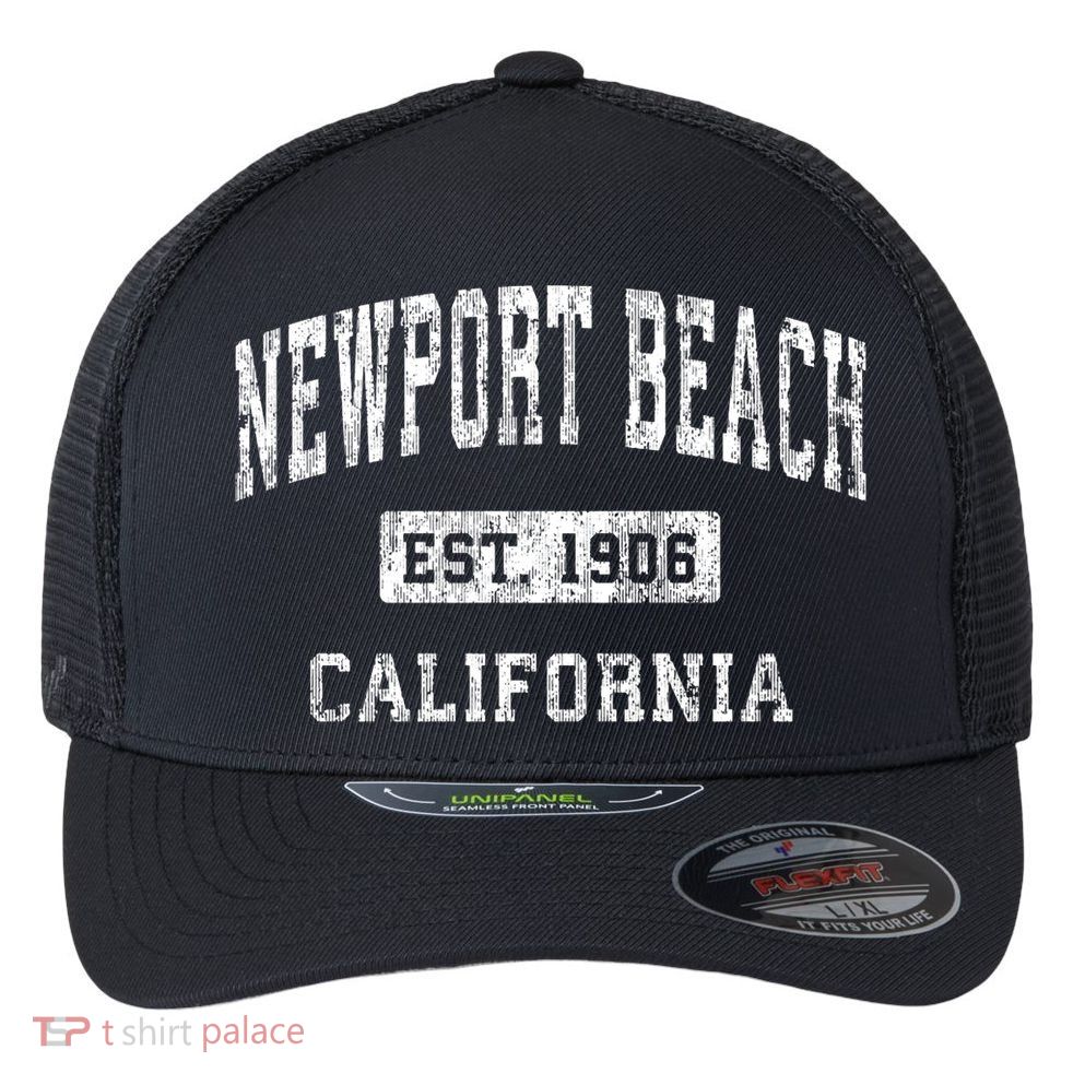 Newport Beach California Ca Vintage Established Sports Flexfit Unipanel Trucker Cap