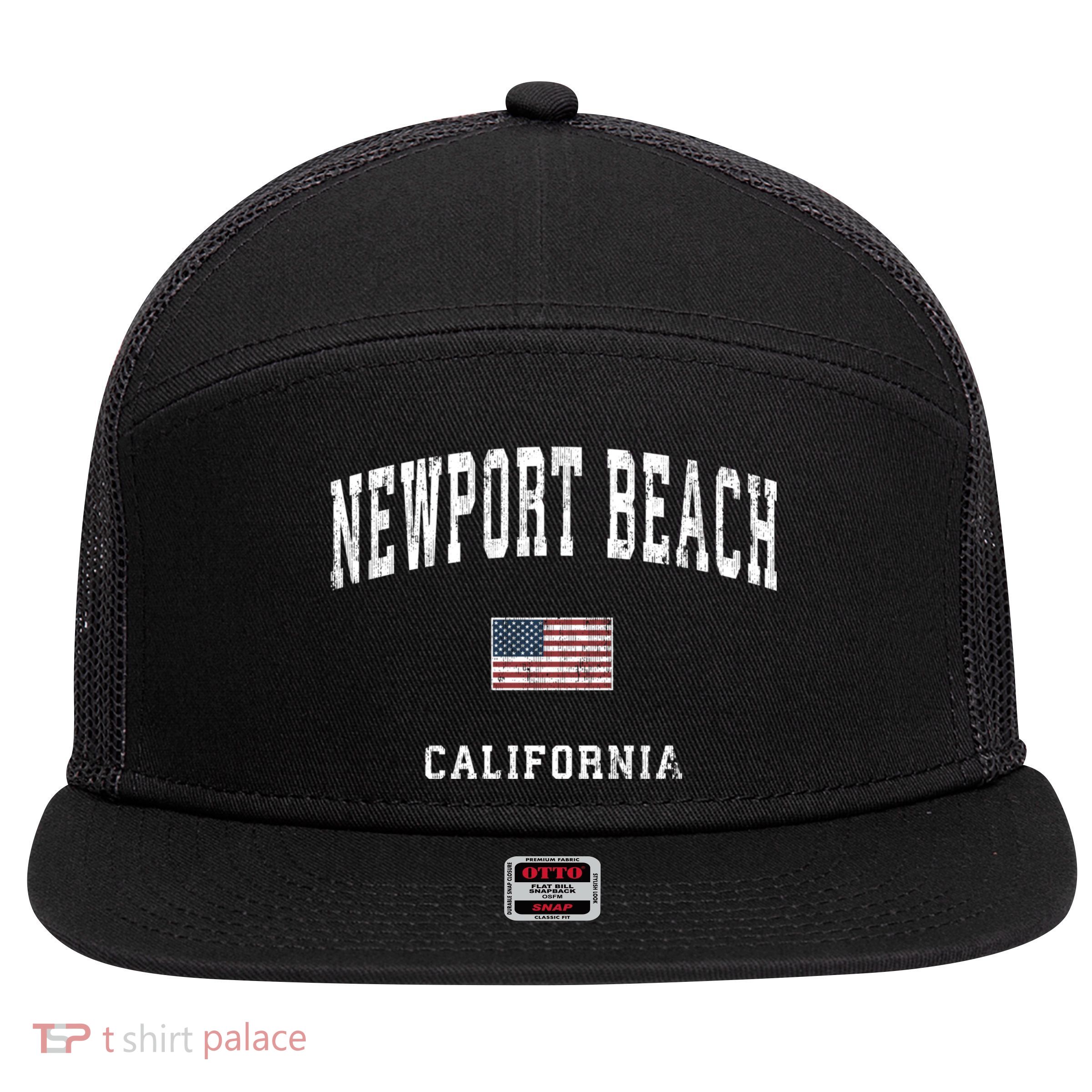 Newport Beach California Ca Vintage American Flag Sports 7 Panel Mesh Trucker Snapback Hat