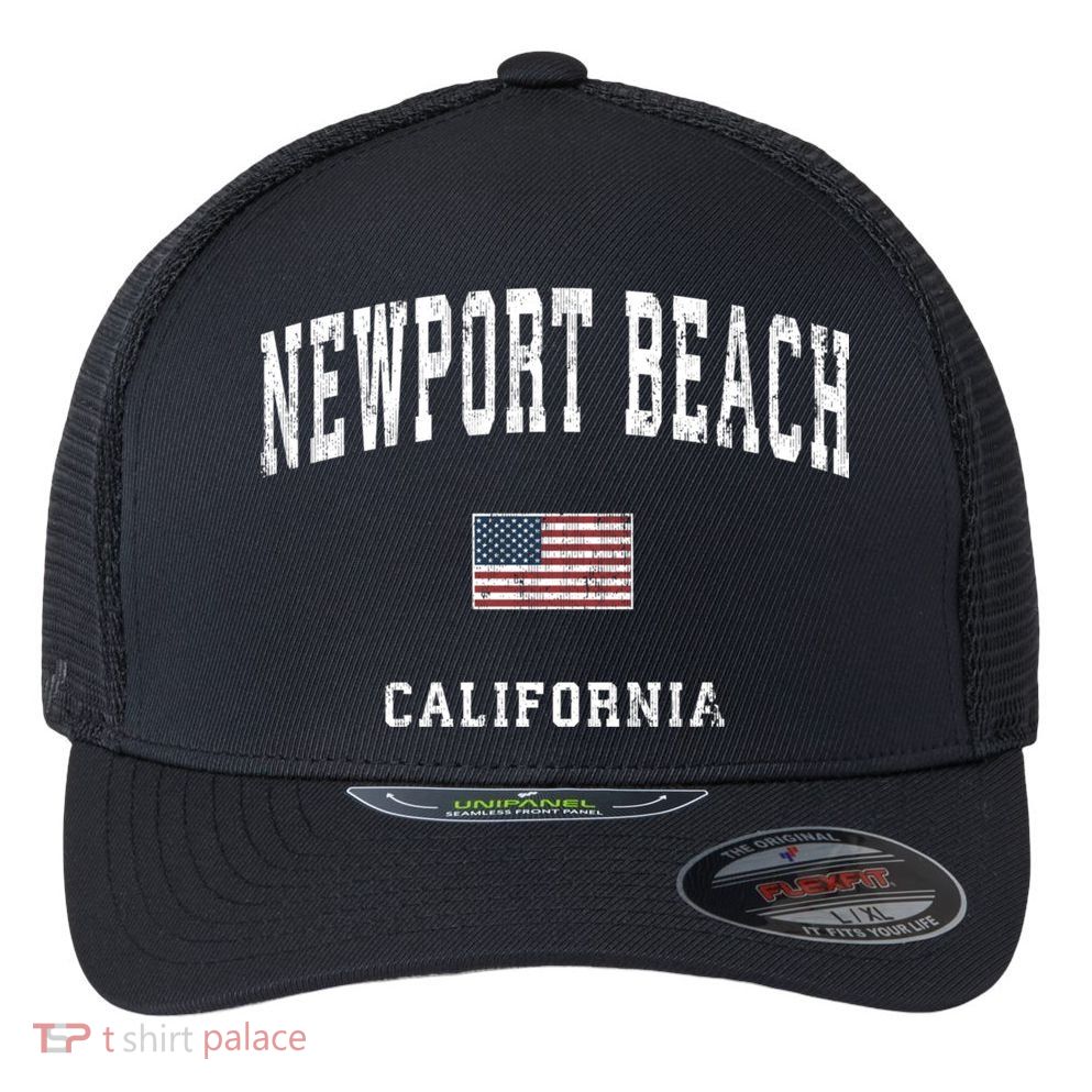 Newport Beach California Ca Vintage American Flag Sports Flexfit Unipanel Trucker Cap