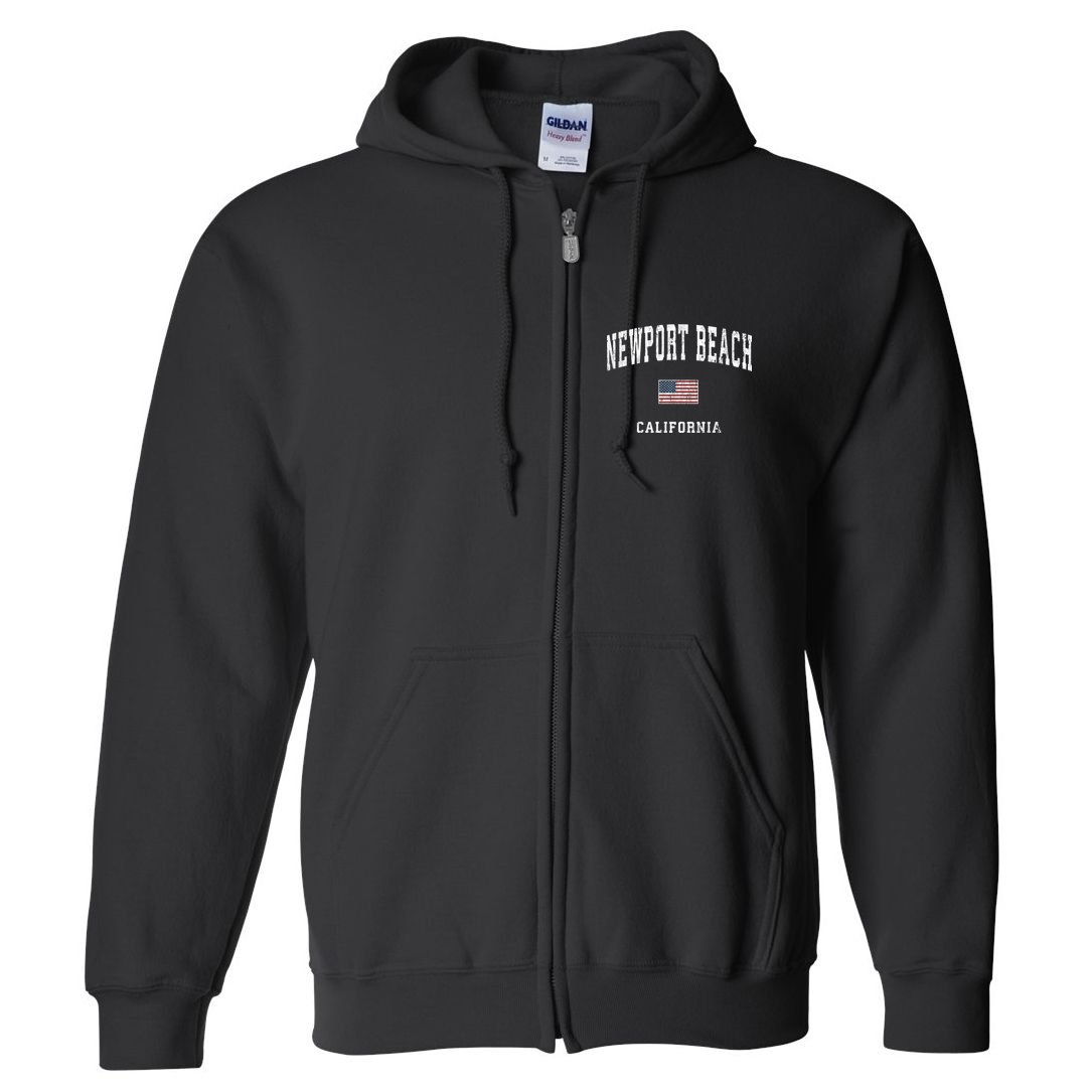 Newport Beach California Ca Vintage American Flag Sports Full Zip Hoodie