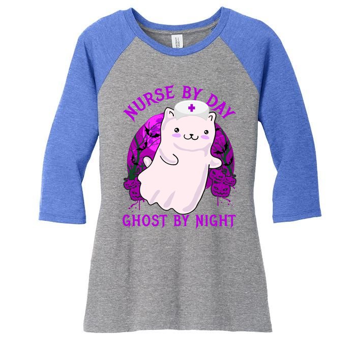 Nurse By Day Ghost By Night Kitty Cat Ghost Nurse Halloween Gift Women's Tri-Blend 3/4-Sleeve Raglan Shirt