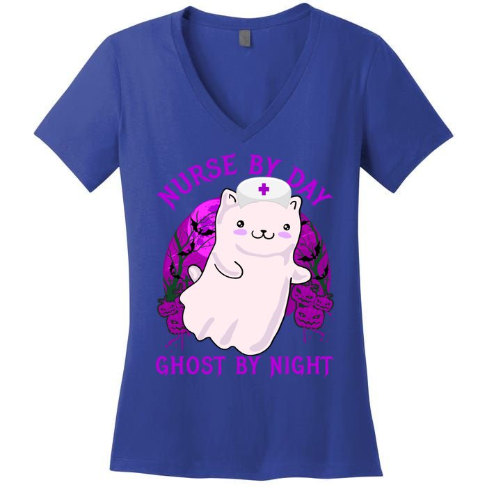 Nurse By Day Ghost By Night Kitty Cat Ghost Nurse Halloween Gift Women's V-Neck T-Shirt